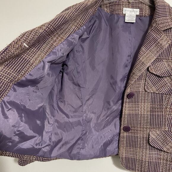 Worthington Plaid Tweed Cropped Blazer Size 14 Purple Beige Pockets Office Fall - Picture 3 of 11